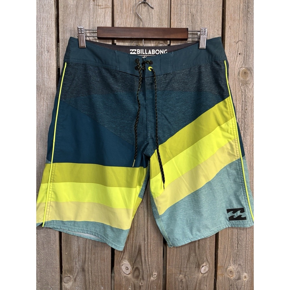 Billabong Platinum X Board Shorts Mens 30 Teal Neon Stripe •10 Inch Inseam• Surf